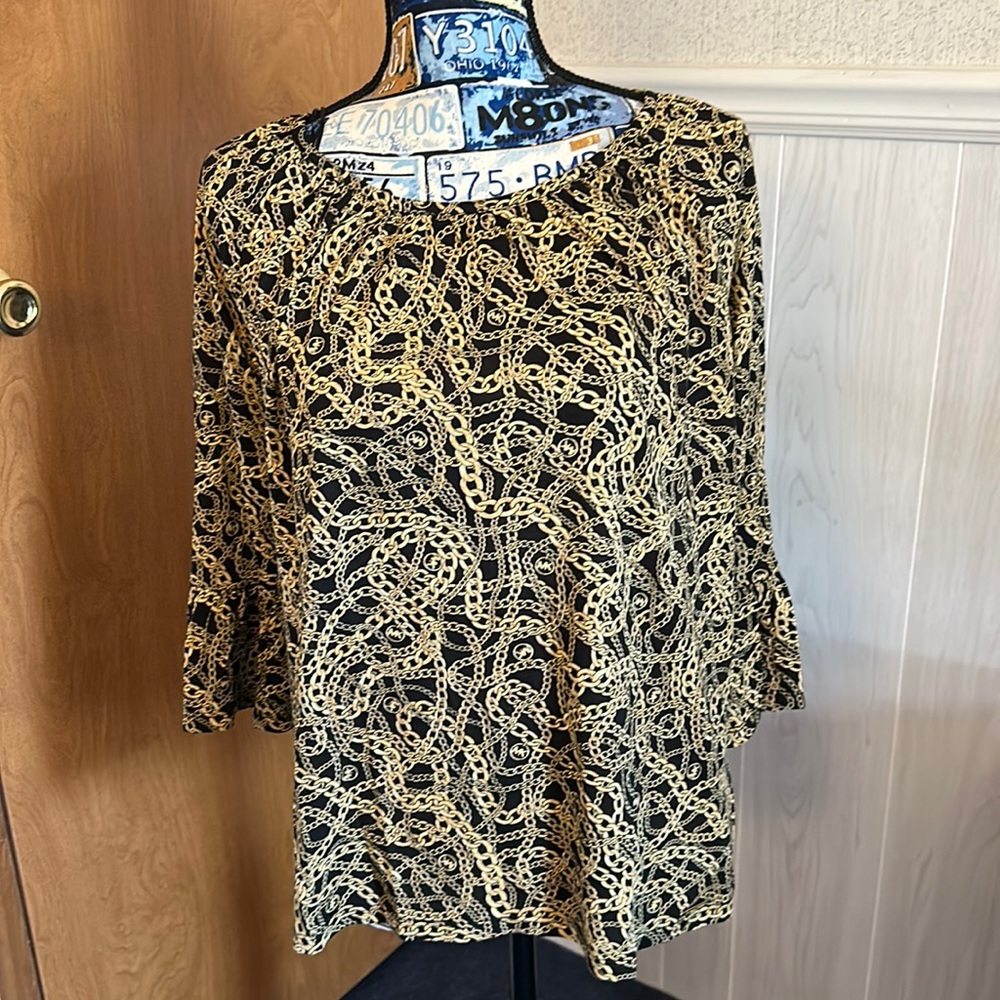 NWT WOMEN'S MICHAEL KORS BLACK / GOLD CHAIN PRINT TUNIC TOP SZ M